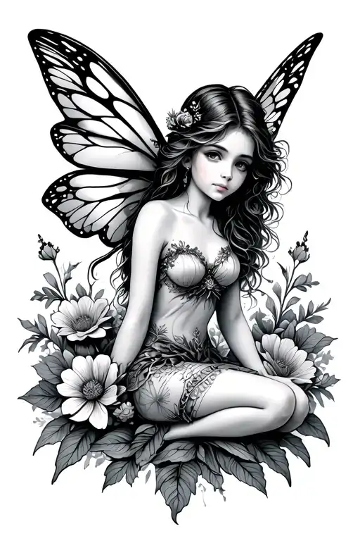 Fairy sitting in flowers tattoo design idea
