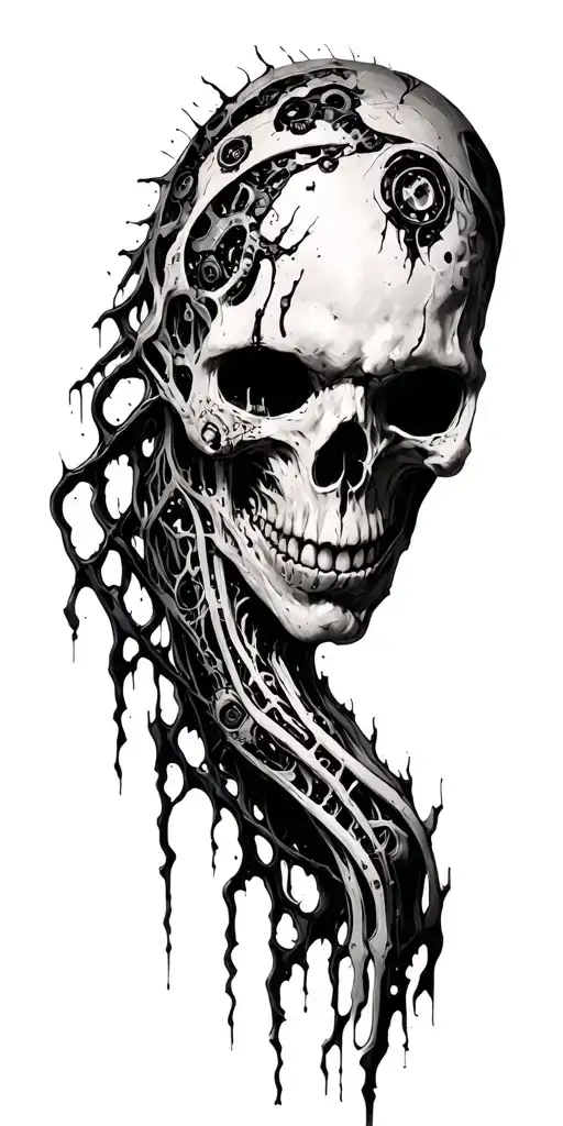 bio mechanical sleeve with skin rips and wounds tattoo design idea