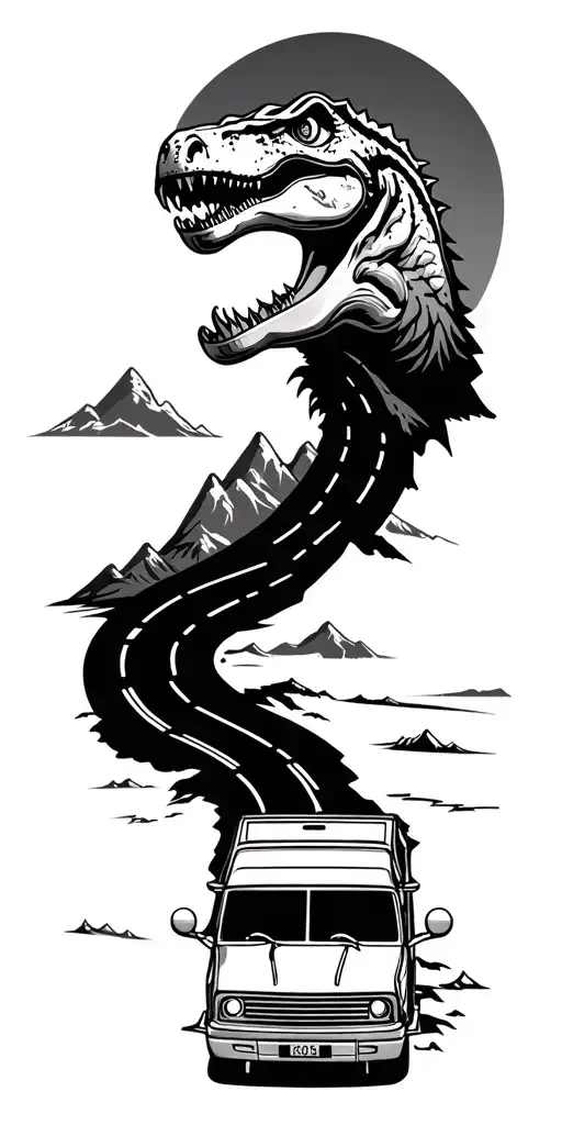 map with landmarks with road mountains trex fire truck fast car drum set cassette tape tattoo design idea