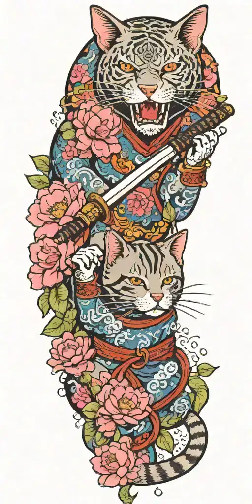 cat holding katana, helmet, water, lotus, sakura, peony, clouds, whirlpool, leaves tattoo design idea