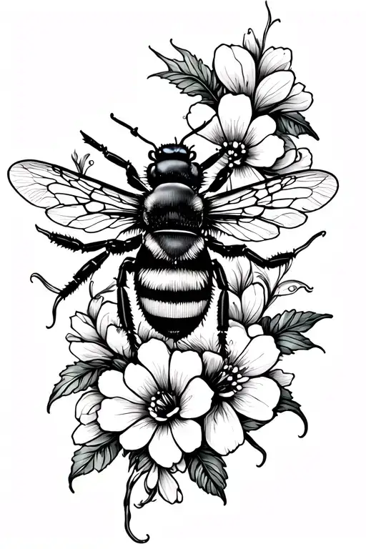 bee and flowers tattoo design idea