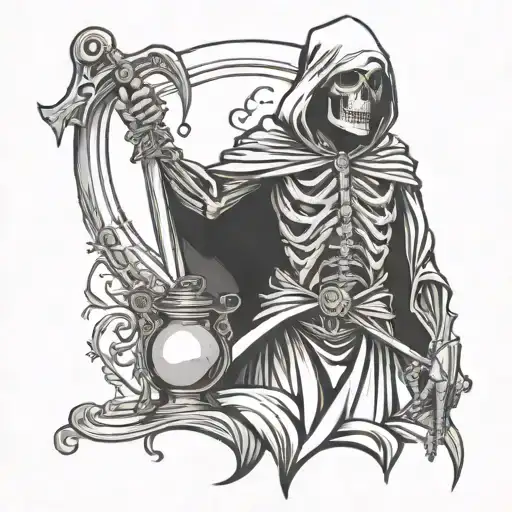 grim reaper holding a scythe and hourglass tattoo design idea
