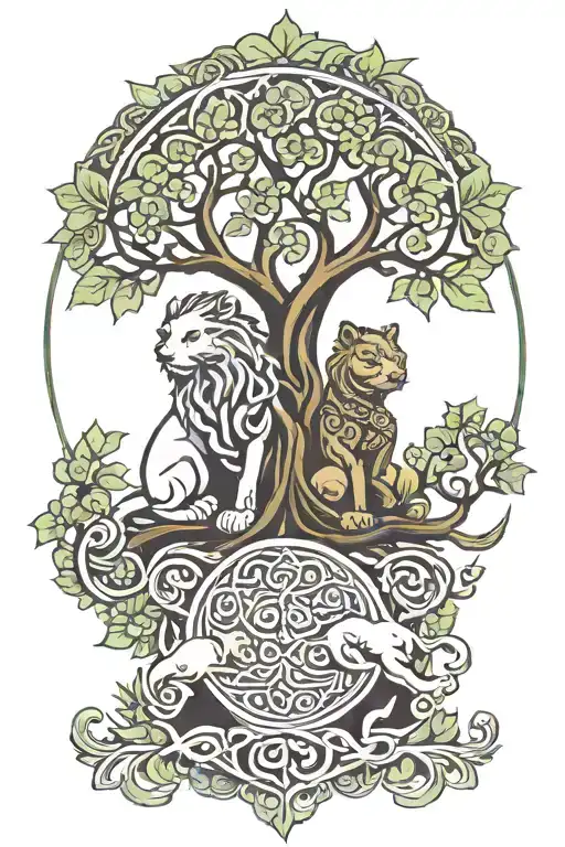 celtic tree of life intertwined with a male and female foo dog tattoo design idea