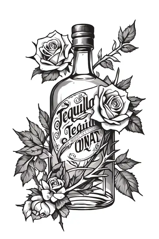 Empty Tequila bottle with roses and thorns sticking out  tattoo design idea