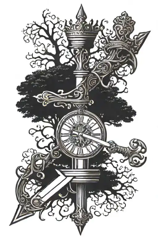 Sword, tree of life, two crowns, a pocket watch  tattoo design idea