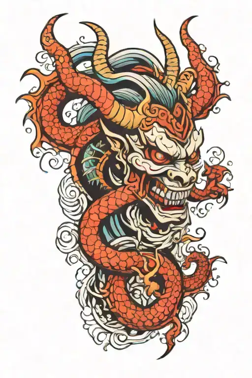 leg tattoo, japanese theme with oni mask and dragon tattoo design idea