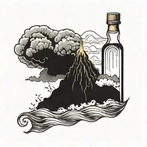 A mystical blackwork tattoo of a volcano rising from the ocean with a hidden rum bottle in the foreground tattoo design idea