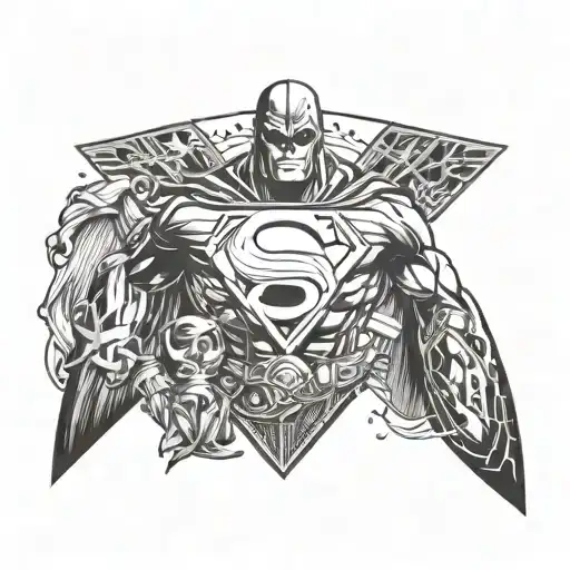 A tattoo combining symbols of Christianity and Teen Titans characters, representing your faith and love for the superhero team, in a dotwork style tattoo design idea