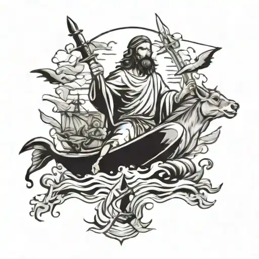 Jesus walking on water surrounded by hunting gear and animals tattoo design idea