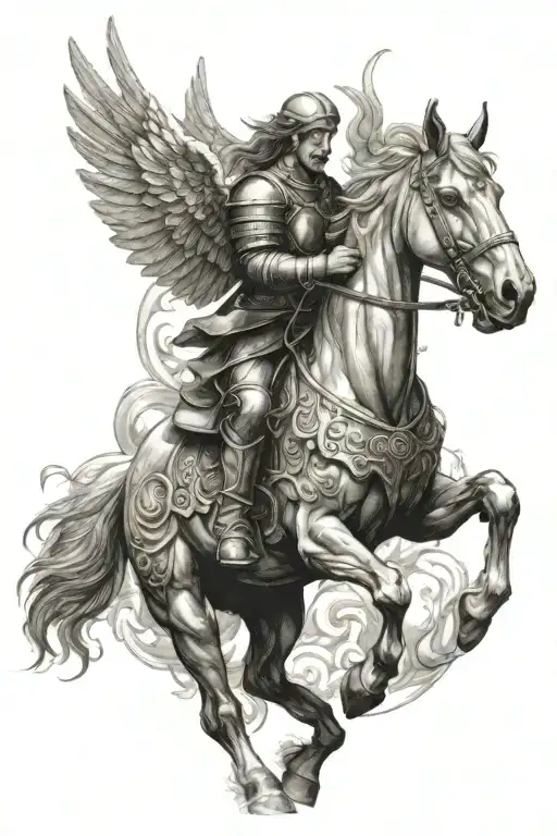 renaissance art of an angel riding a war horse  tattoo design idea