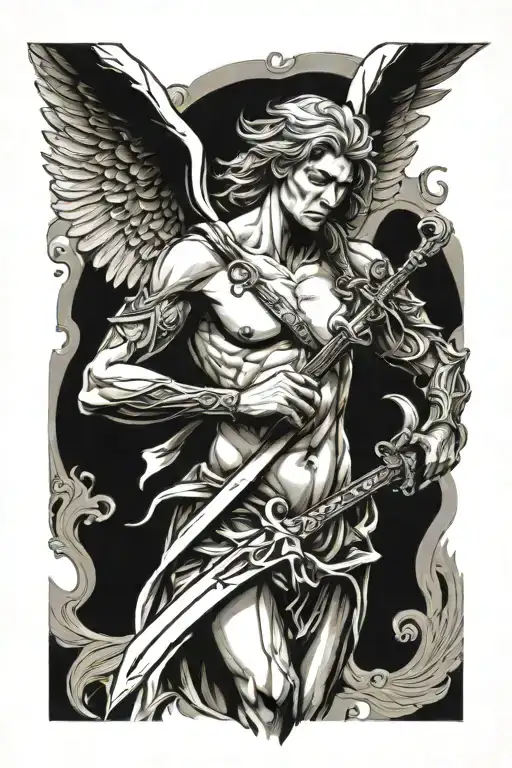 arch angel with sword wrapped around fore arm tattoo design idea