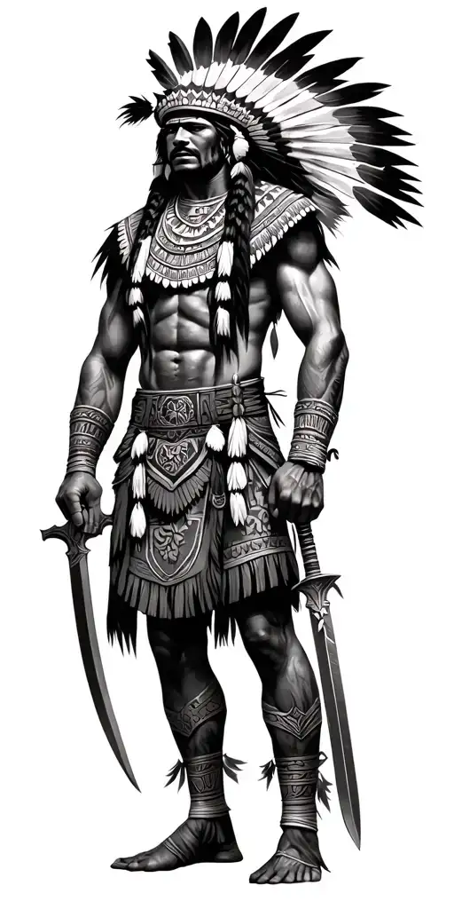 make a Mexican native warrior looking fierce with weapons with Aztec symbols add great detail and other items  tattoo design idea