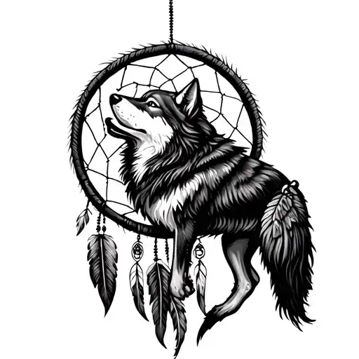 Dreamcatcher with a wolf howling at the moon in the center tattoo design idea