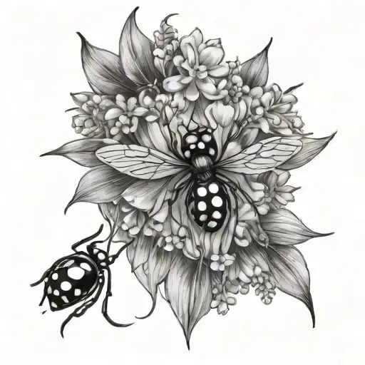 Realistic black and white tattoo. Black widow on web. Lilly of the valley and hawthorn flowers. Sneak in hearts to t tattoo design idea