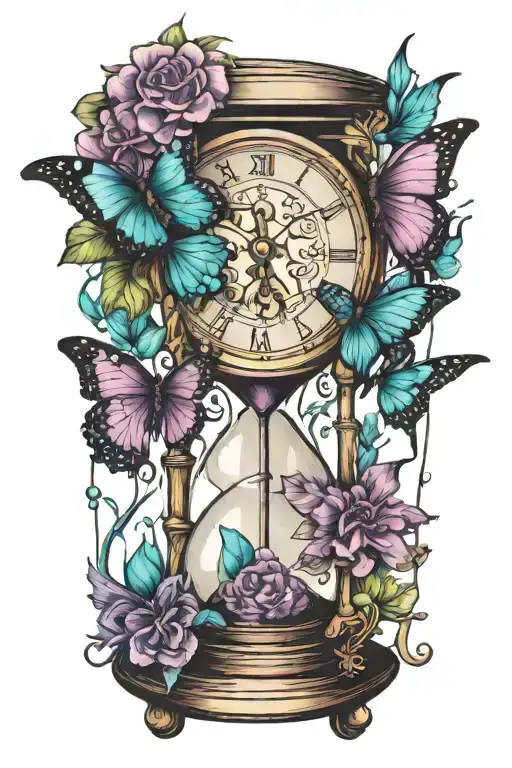 3 hourglasses,clock, purple and teal butterflies tattoo design idea