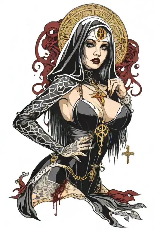 Sexy Nun, huge boobs,, revealing attire, seductive facial expressions, gold cross dripping blood, Lingerie, sexual tattoo design idea