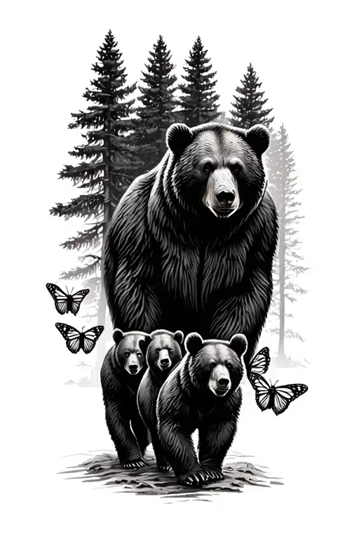 Papa bear and 3 black bear cubs and 2 monarch butterfly walking in the wilderness trees tattoo design idea