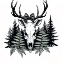 minimalist sleeve including a bow, stag skull, ferns, pine trees tattoo design idea