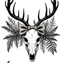 minimalist sleeve including a bow, stag skull, ferns, pine trees tattoo design idea
