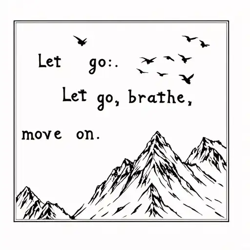 "Let go, breathe, move on" birds fly over a mountain summit, they should just fly over him and we see it from behind tattoo design idea