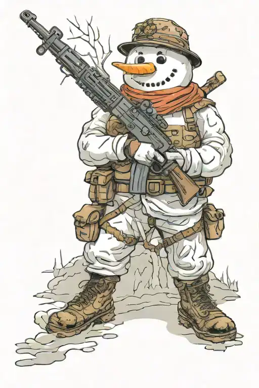 military buff snowman, with combat boots and a riffle tattoo design idea
