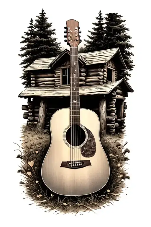 accoustic guitar surrounded by log cabin scene  tattoo design idea