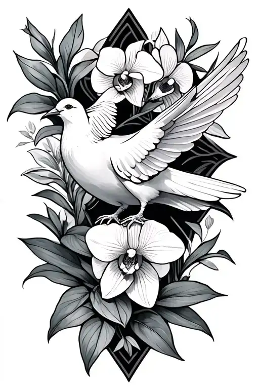 cross dove orchid tattoo design idea