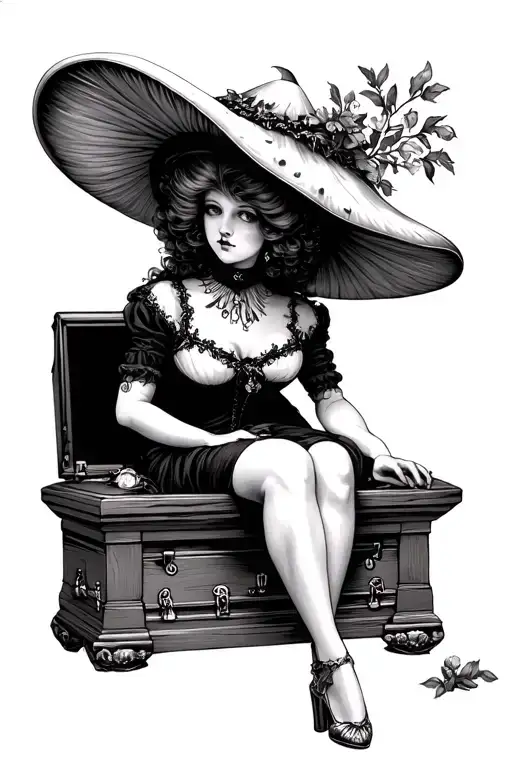 Reserved and beautiful victorian women with eyes hidden by oversized mushroom hat sitting on the edge open oak casket tattoo design idea