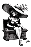 Reserved and beautiful victorian women with eyes hidden by oversized mushroom hat sitting on the edge open oak casket tattoo design idea