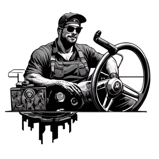 gearhead mechanic with straight shades seated behind steering wheel tattoo design idea