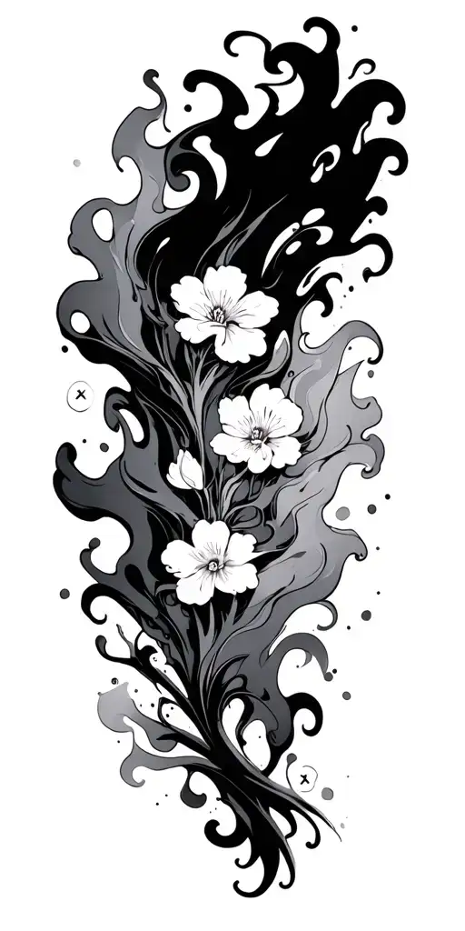 Japanese manga with fluid fire, wind -type smoke and cherry flower background tattoo design idea