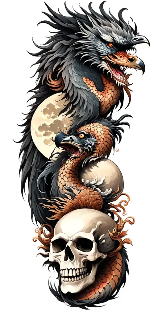 Chinese dragon and phoenix and skull and moon and raven tattoo design idea