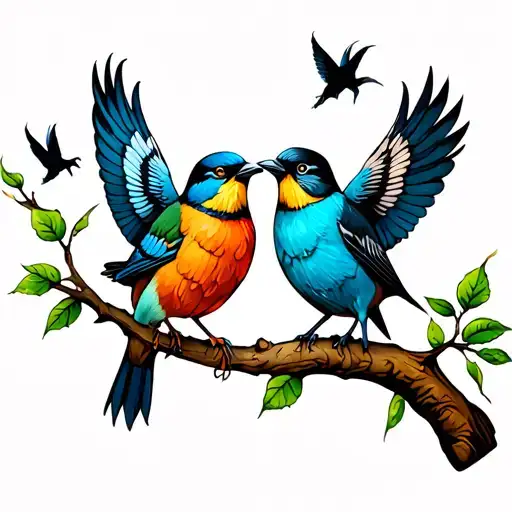 two birds on a branch with three flying away tattoo design idea