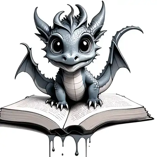 cute big eyed baby dragon infront of an open book standing up with words and ink dripping off the pages tattoo design idea