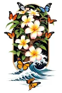 butterflies around a Frangipani tree with waves crashing tattoo design idea