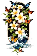 butterflies around a Frangipani tree with waves crashing tattoo design idea
