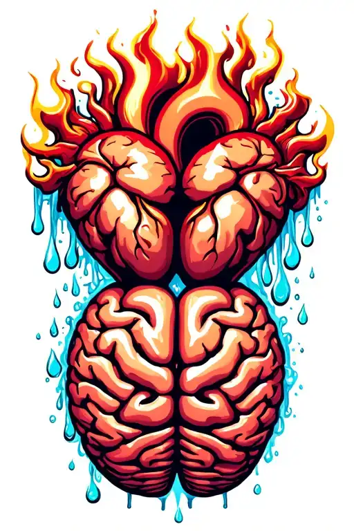 fire and water droplets falling from a heart shaped brain tattoo design idea