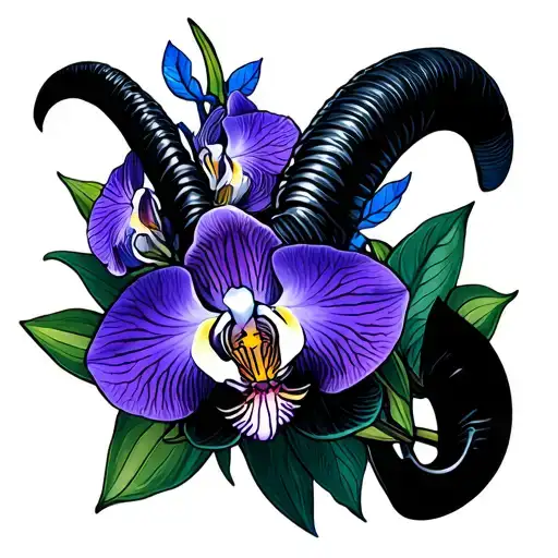 Capricorn and blue, purple, and white orchids tattoo design idea