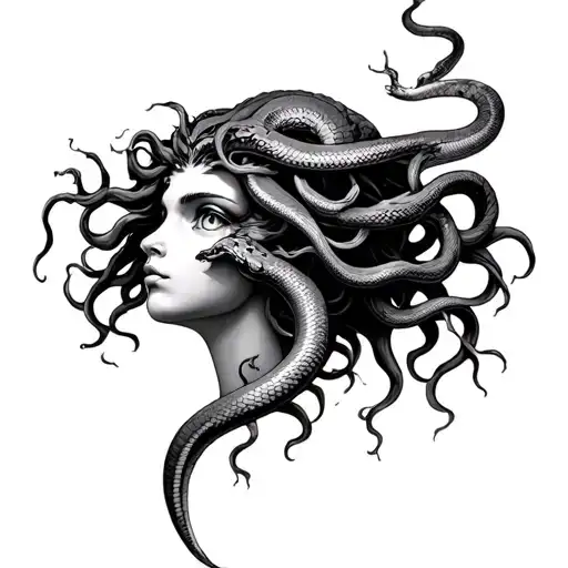 Medusa head with eyes covered and snake climbing upwards tattoo design idea