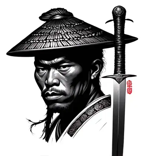 african american samurai portait with a sword and rice hat tattoo design idea
