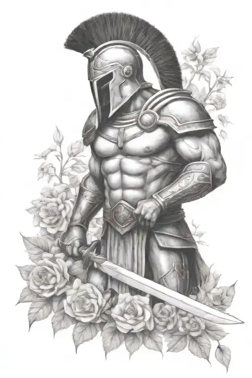 spartan warrior in a garden scene tattoo design idea