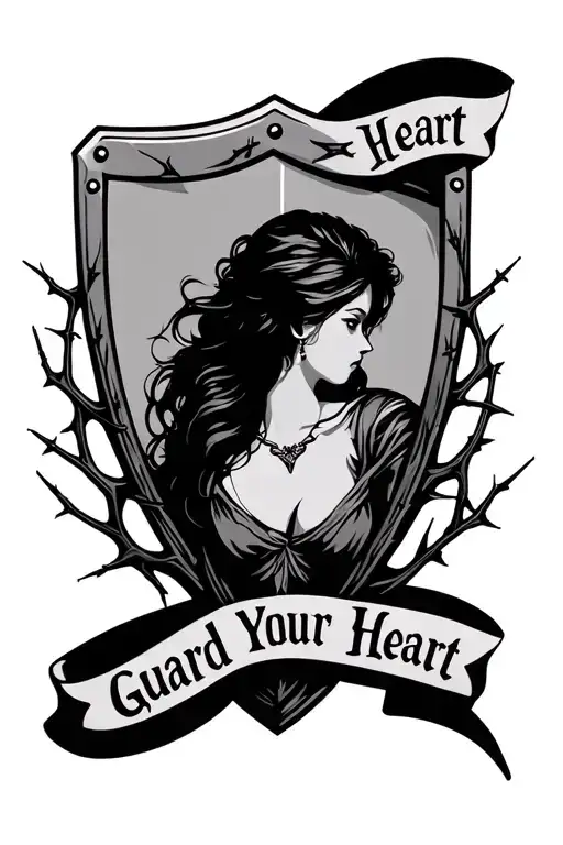 "Guard Your Heart" shield surrounded by thorns and a woman's silhouette. tattoo design idea