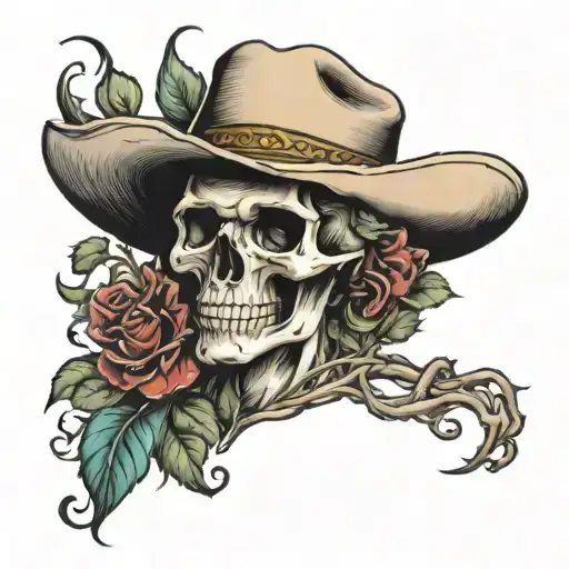 vines wrapping skull wearing cowboy hat tattoo design idea