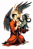 monk praying hands, angel and demon fighting each other, japoneses stile tattoo tattoo design idea