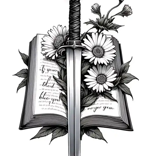 3 asters entwined around a sword , coming from an open book with the words ‘if you never bleed you never grow’ tattoo design idea