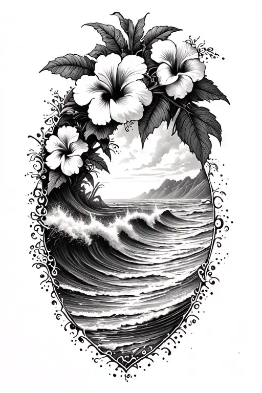 Hibiscus vine wrapping around waves crashing on a beach tattoo design idea