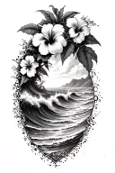 Hibiscus vine wrapping around waves crashing on a beach tattoo design idea