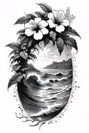 Hibiscus vine wrapping around waves crashing on a beach tattoo design idea