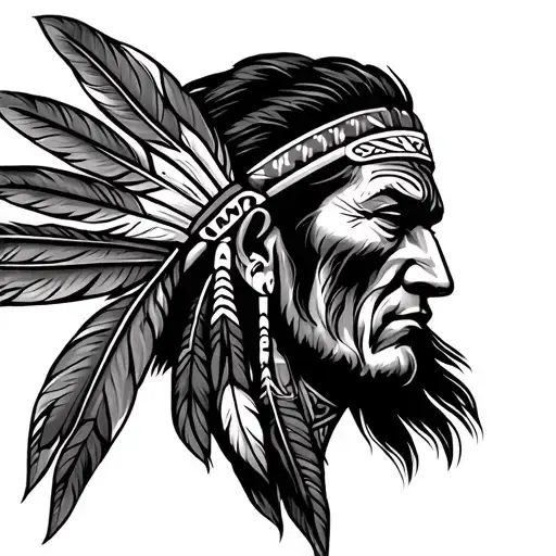taino indian warrior head side profile view with large feathers and details  tattoo design idea