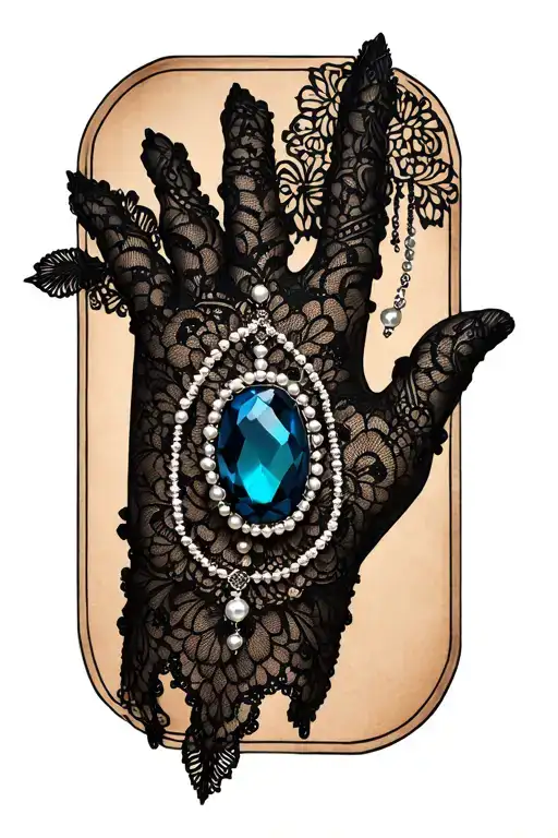 black chantilly lace glove, dark blue oval gem, string of 30 pearls tattoo design idea